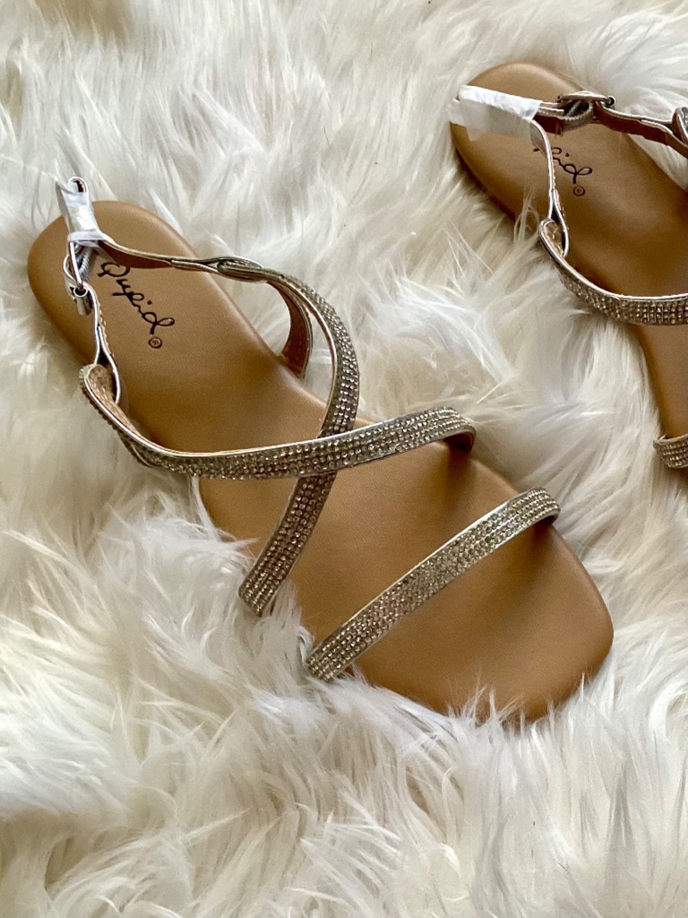 Qupid Sparkly Rhinestone Strappy Sandals | Square Toe Buckle Slingback Flats - Picture 8 of 8